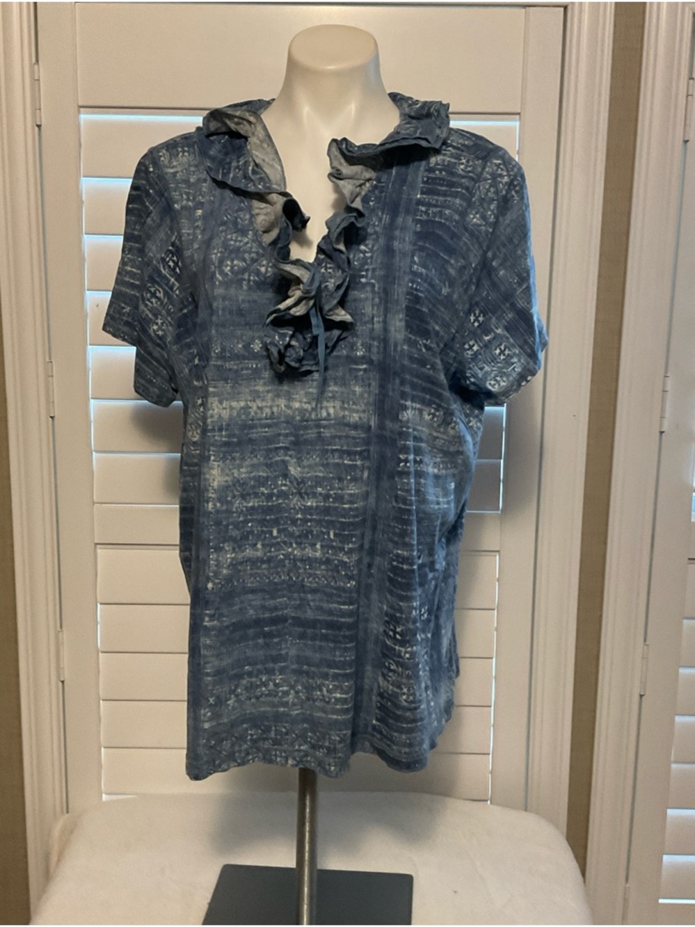 Ralph Lauren Blue Ruffle-Trim Short Sleeve Blouse